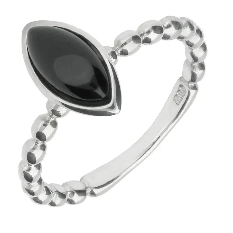 Sterling Silver Whitby Jet Marquise beaded Shank Stacking Ring sold by Jura Watches