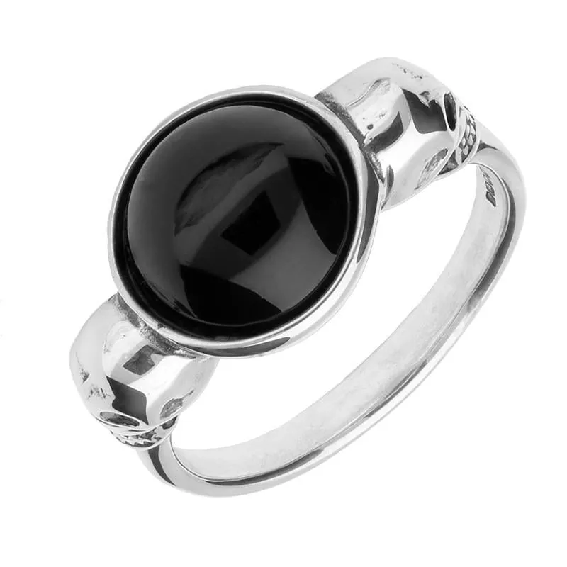 Sterling Silver Whitby Jet Round Skull Shank Ring sold by Jura Watches