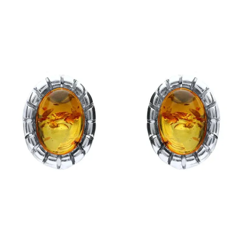 Sterling Silver Baltic Amber Oval Beaded Edge Small Stud Earrings sold by Jura Watches