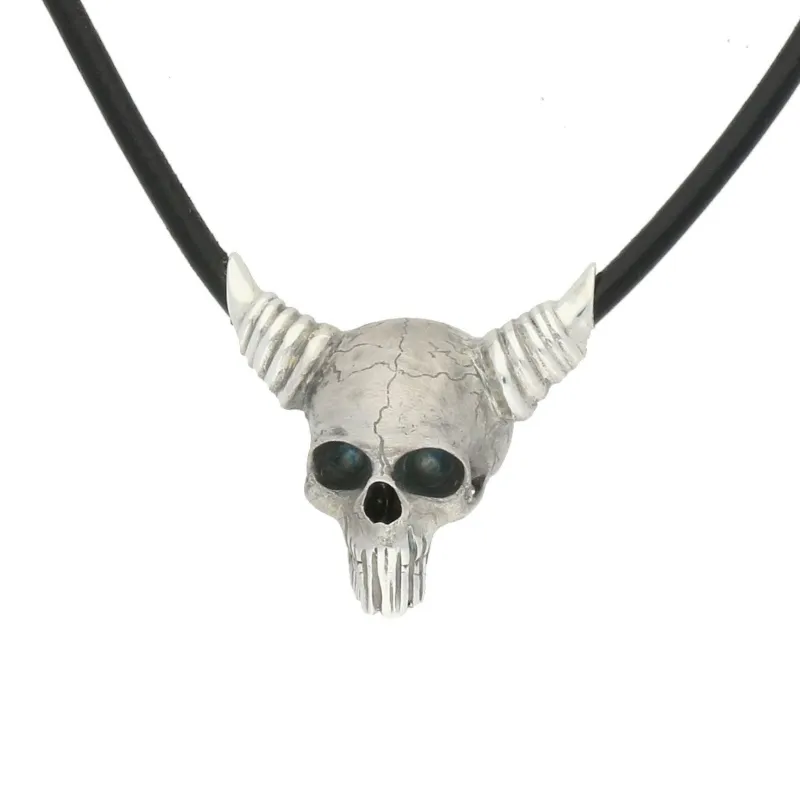 Sterling Silver Leather Horned Skull Necklace sold by Jura Watches