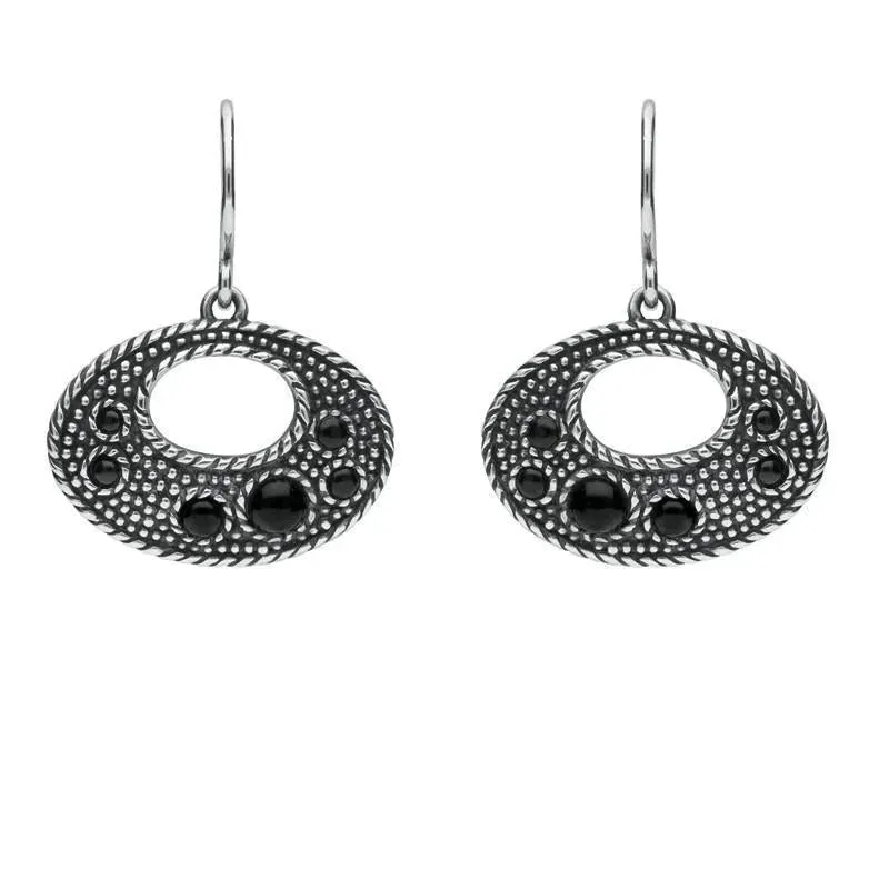 Sterling Silver Whitby Jet 6 Stone Open Oval Oxi Drop Earrings sold by Jura Watches