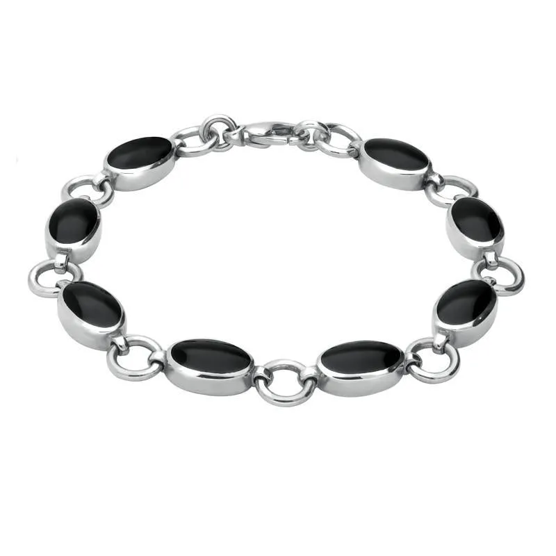 Sterling Silver Whitby Jet 8 Stone Round Ring Bracelet sold by Jura Watches