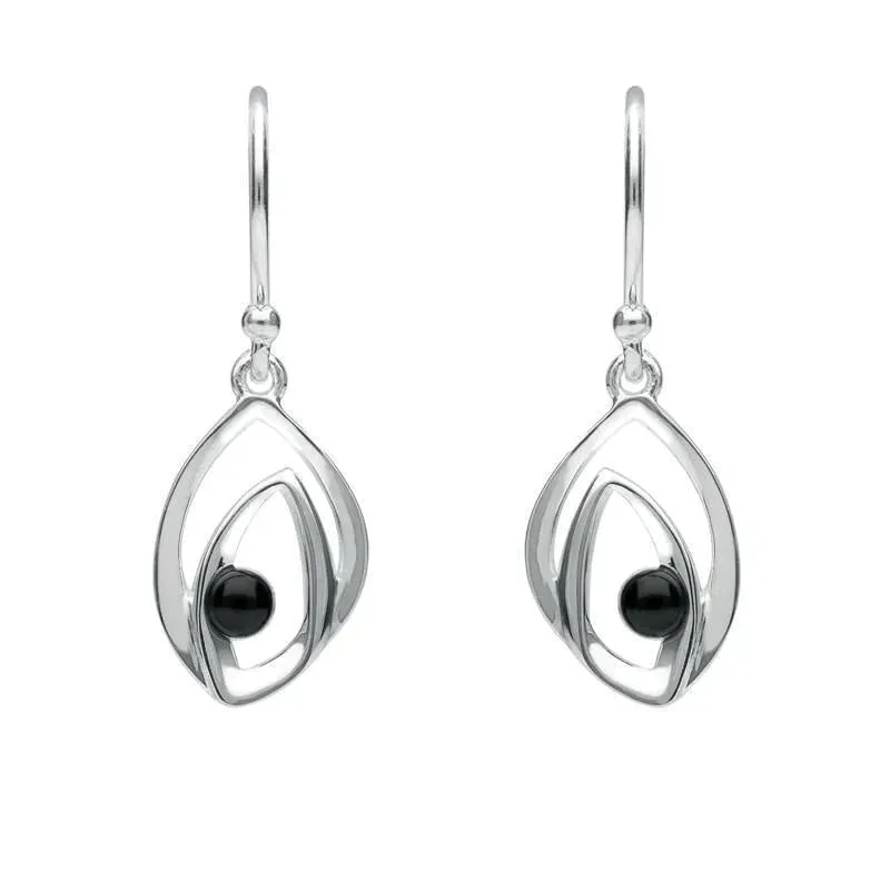 Sterling Silver Whitby Jet Abstract Flame Stone Drop Earrings sold by Jura Watches
