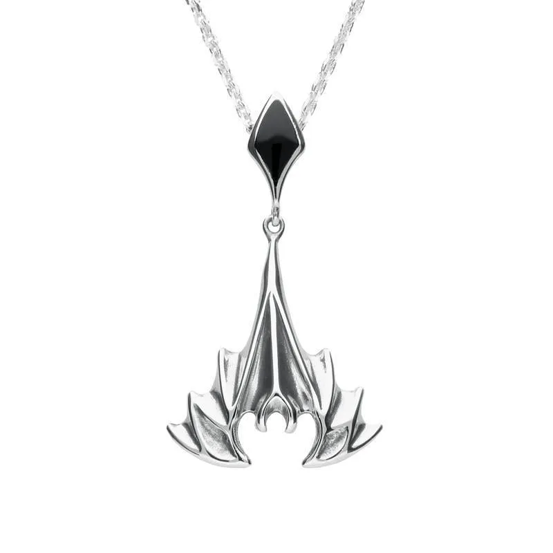 Sterling Silver Whitby Jet Abstract Upside Down Bat Necklace sold by Jura Watches