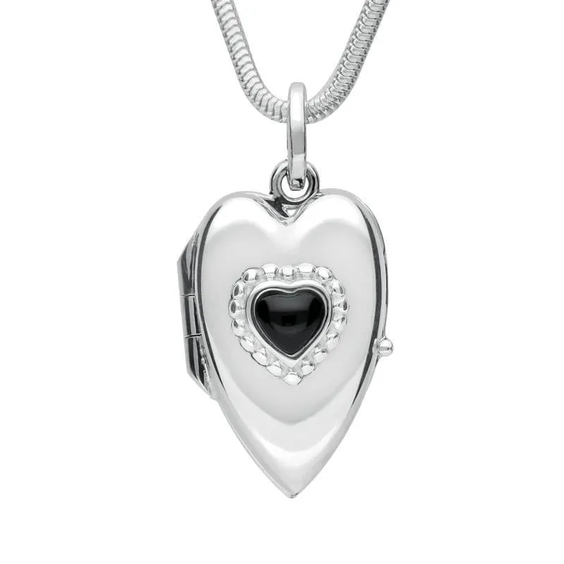 Sterling Silver Whitby Jet Beaded Edge Heart Locket Necklace made by C.W. Sellors