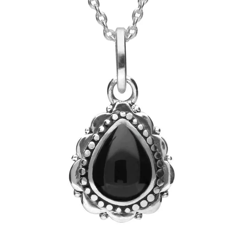 Sterling Silver Whitby Jet Beaded Edge Pear Shape Necklace sold by Jura Watches