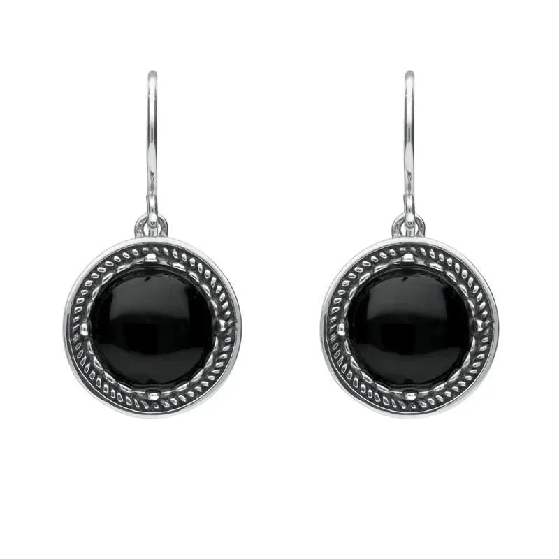 Sterling Silver Whitby Jet Circle Stone Oxidised Drop Earrings sold by Jura Watches