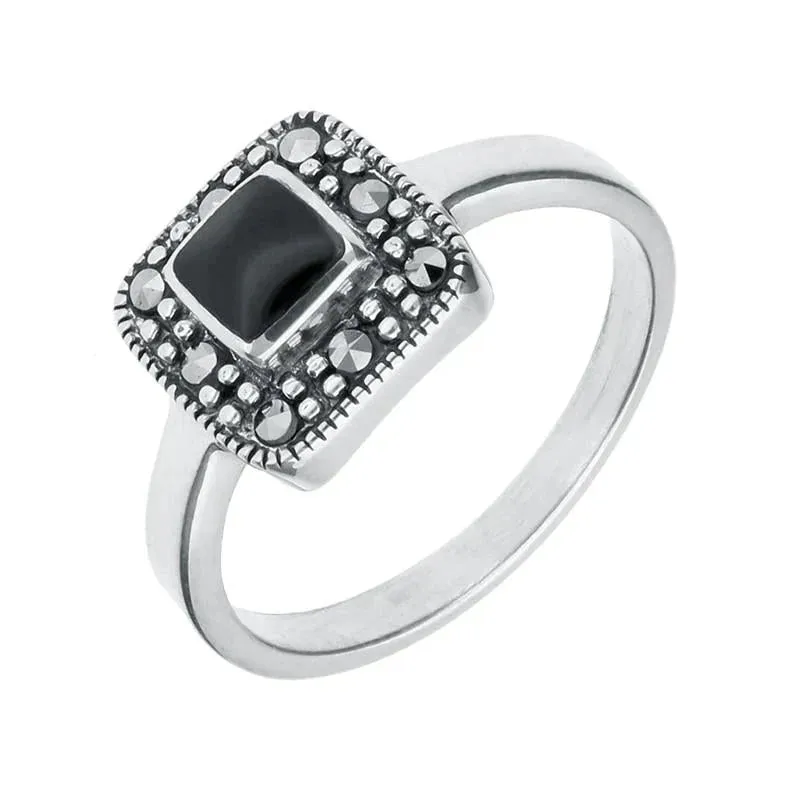 Sterling Silver Whitby Jet Marcasite Cushion Shape Beaded Edge Ring sold by Jura Watches