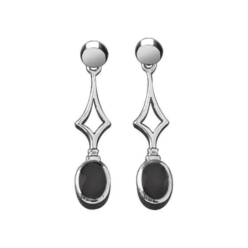 Sterling Silver Whitby Jet Diamond Shape Oval Drop Earrings sold by Jura Watches