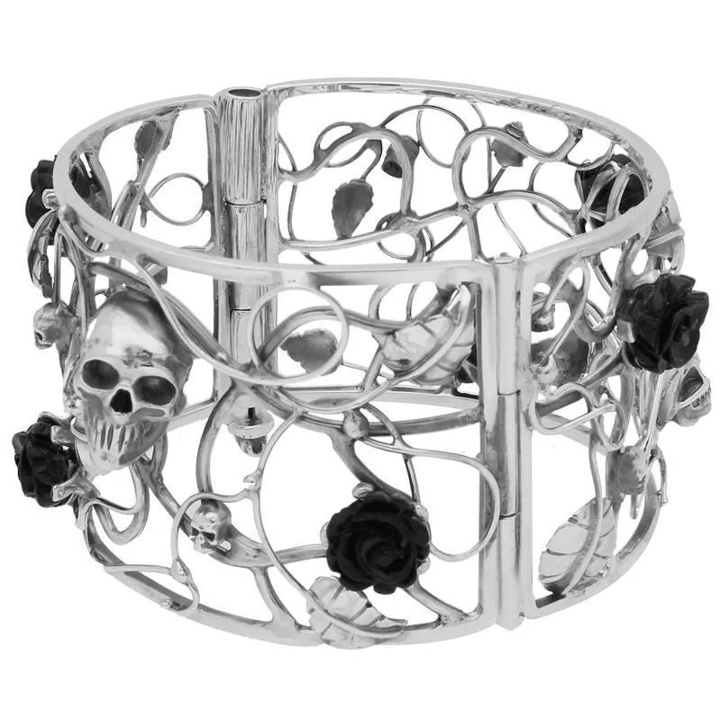 Sterling Silver Whitby Jet Entwined Skulls Roses Bracelet sold by Jura Watches