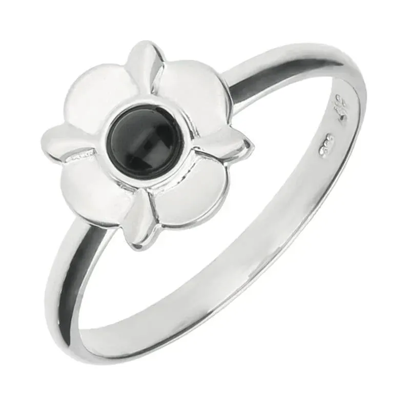 Sterling Silver Whitby Jet Four Petal Round Ring sold by Jura Watches