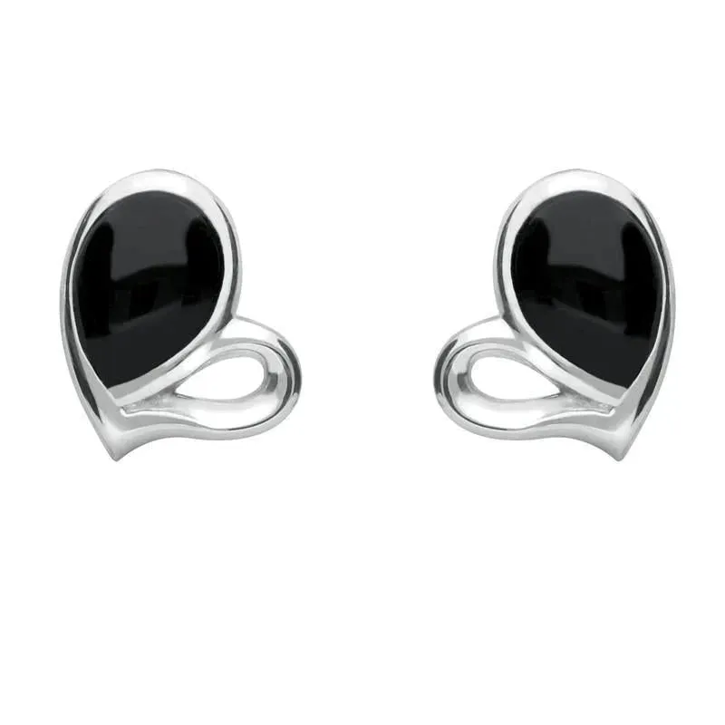 Sterling Silver Whitby Jet Half Filled Heart Stud Earrings sold by Jura Watches