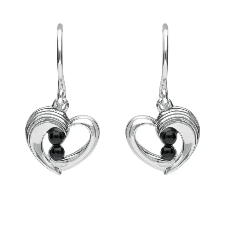 Sterling Silver Whitby Jet Half Ridge Stone Heart Drop Earrings sold by Jura Watches