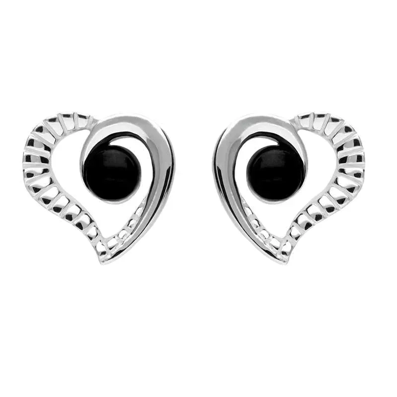 Sterling Silver Whitby Jet Half Ridged Heart Stud Earrings sold by Jura Watches