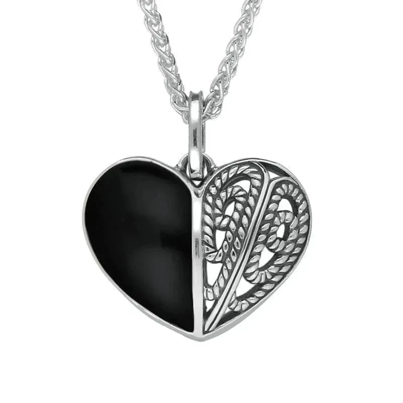 Sterling Silver Whitby Jet Half Stone Oxidised Heart Necklace sold by Jura Watches
