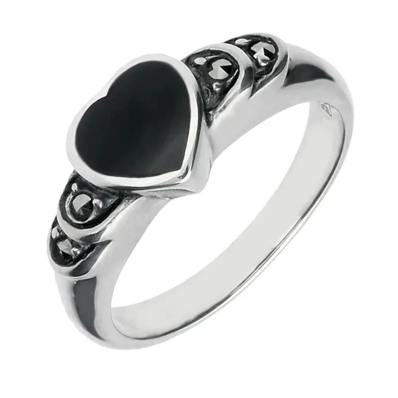 Sterling Silver Whitby Jet Heart Marcasite Shoulder Ring sold by Jura Watches