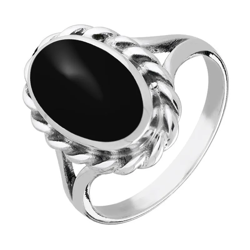 Sterling Silver Whitby Jet Large Oval Rope Edge Ring sold by Jura Watches