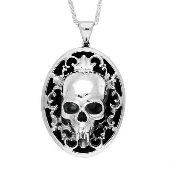 Sterling Silver Whitby Jet Large Oval Skull Necklace sold by Jura Watches