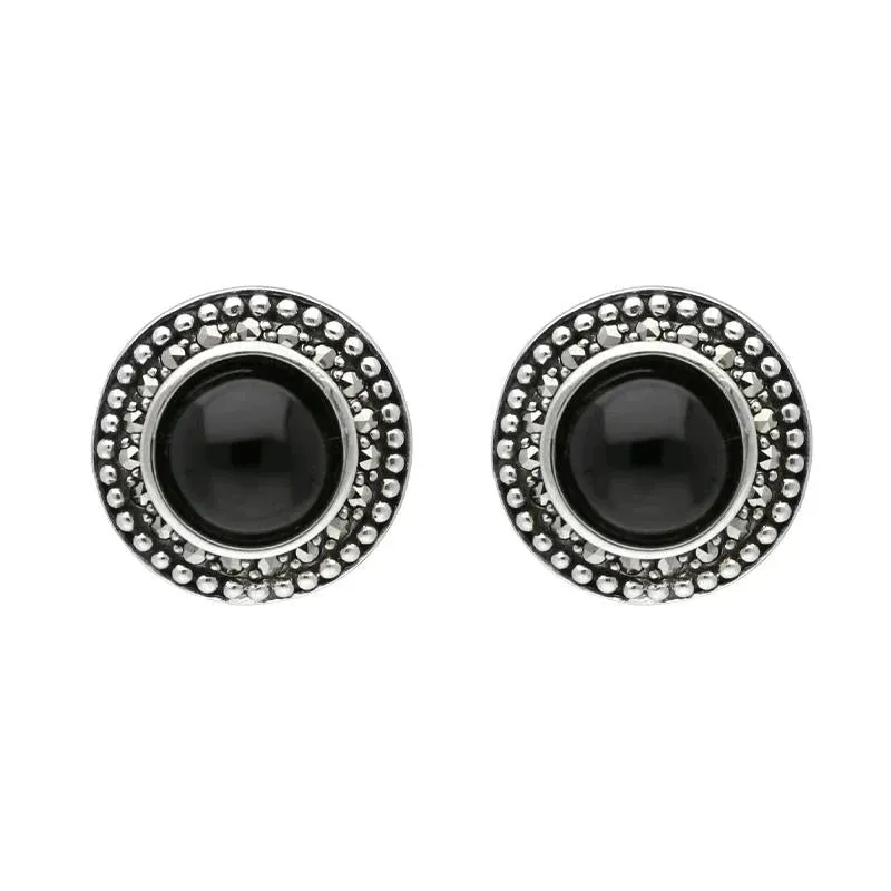 Sterling Silver Whitby Jet Marcasite Large Round Framed Stud Earrings sold by Jura Watches
