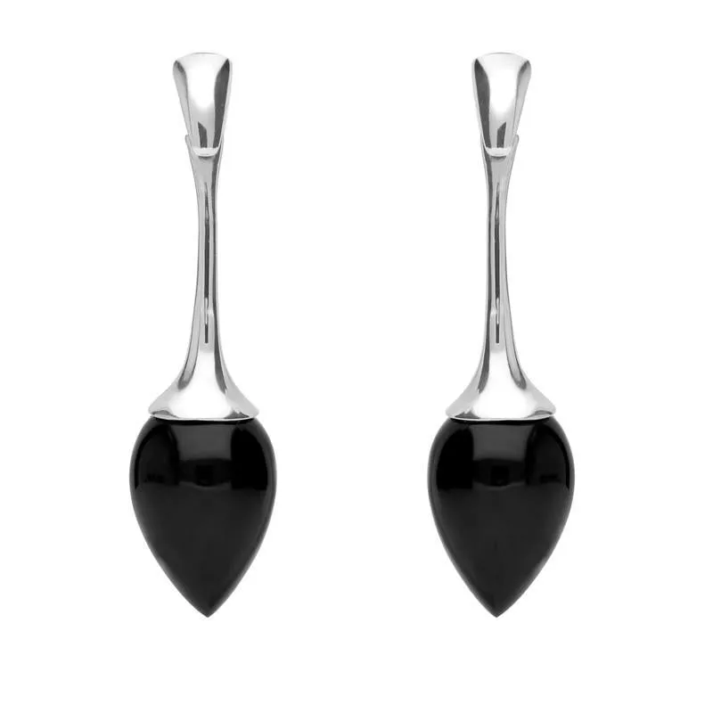 Sterling Silver Whitby Jet Heritage Long Flute Pear Drop Earrings sold by Jura Watches