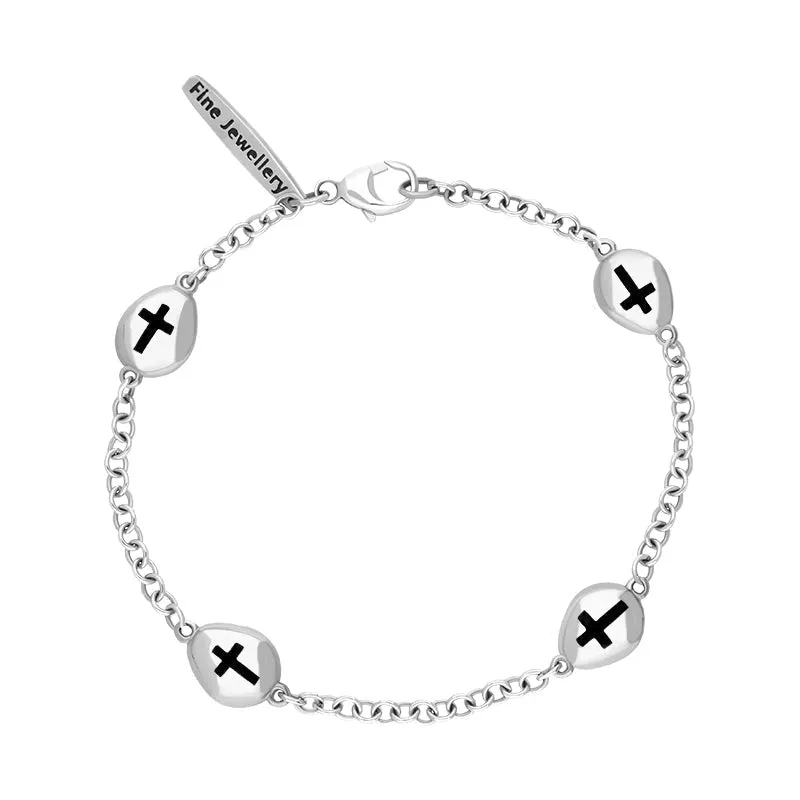 Sterling Silver Whitby Jet Oval Cross Detail Four Stone Bracelet sold by Jura Watches