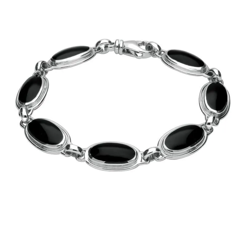 Sterling Silver Whitby Jet Heritage Long Oval Ribbed Bracelet sold by Jura Watches
