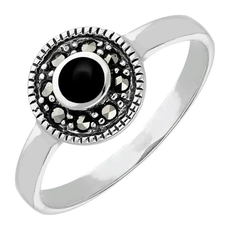 Sterling Silver Whitby Jet Marcasite Beaded Edge Ring sold by Jura Watches