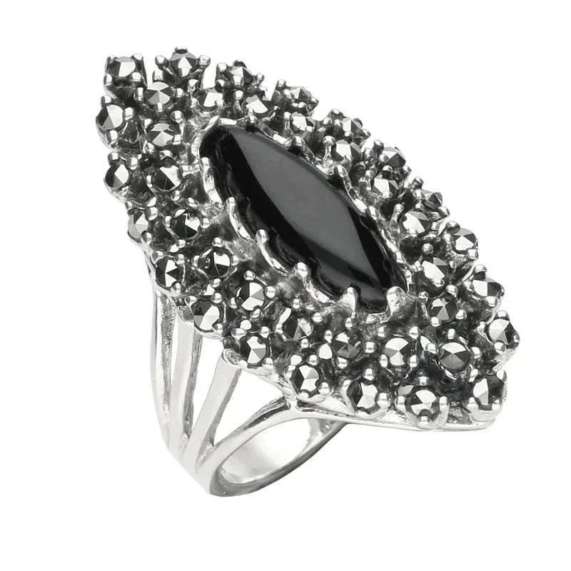 Sterling Silver Whitby Jet Marcasite Double Marquise Ring sold by Jura Watches