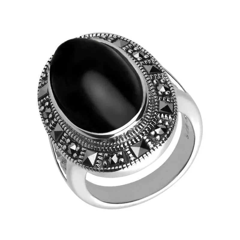 Sterling Silver Whitby Jet Marcasite Frame Large Oval Ring sold by Jura Watches