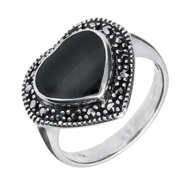 Sterling Silver Whitby Jet Marcasite Heart Shaped Ring sold by Jura Watches