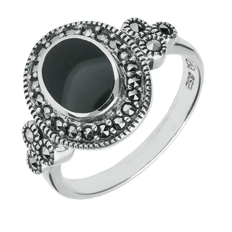 Sterling Silver Whitby Jet Marcasite Oval Beaded Edge Ring sold by Jura Watches