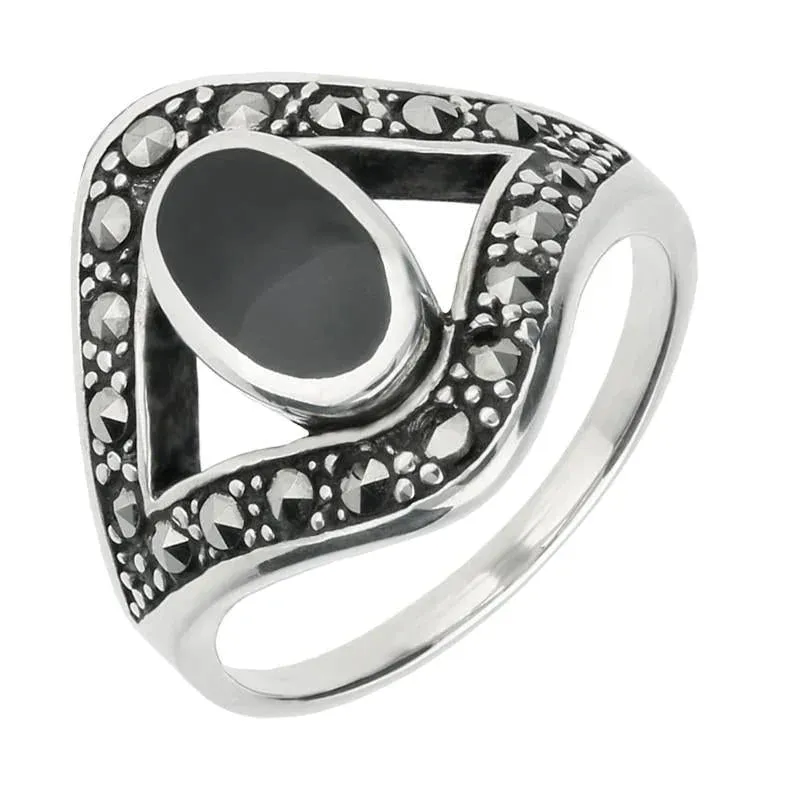 Sterling Silver Whitby Jet Marcasite Oval Split Edge Ring sold by Jura Watches