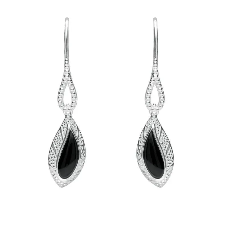 Sterling Silver Whitby Jet Marquise Beaded Edge Earrings sold by Jura Watches