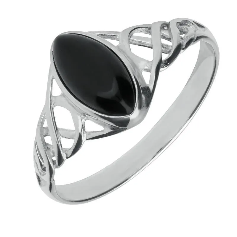 Sterling Silver Whitby Jet Marquise Celtic Ring sold by Jura Watches