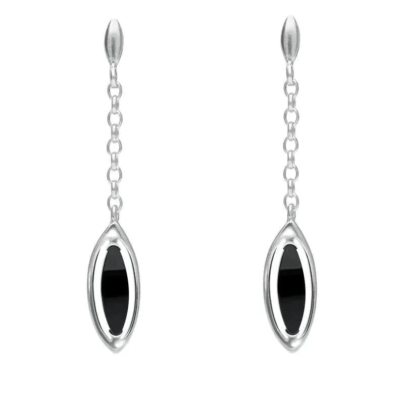 Sterling Silver Whitby Jet Marquise Open Edge Chain Drop Earrings sold by Jura Watches