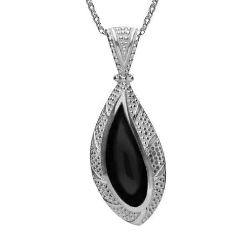 Sterling Silver Whitby Jet Marquise Shape Beaded Edge Necklace sold by Jura Watches