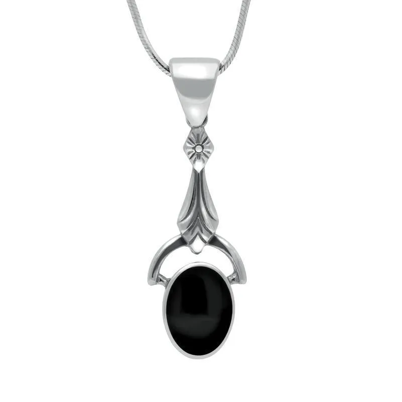 Sterling Silver Whitby Jet Oval Art Deco Drop Necklace sold by Jura Watches