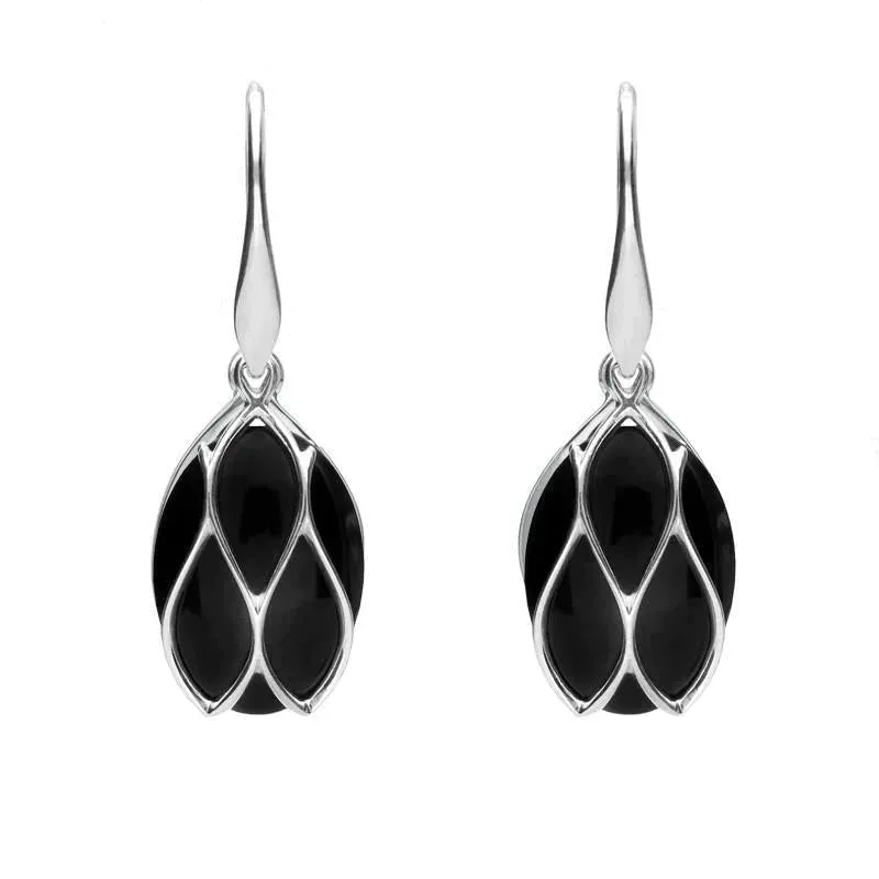 Sterling Silver Whitby Jet Oval Caged Drop Earrings sold by Jura Watches