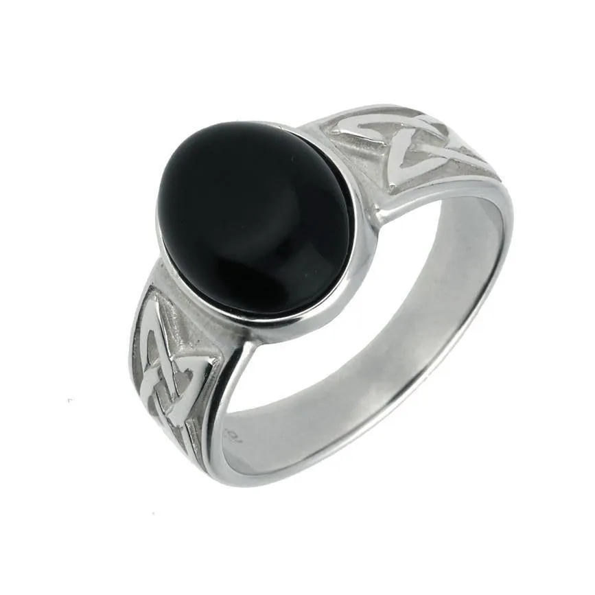 Sterling Silver Whitby Jet Oval Celtic Wide Band Ring sold by Jura Watches
