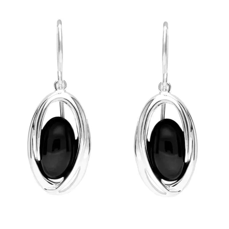 Sterling Silver Whitby Jet Oval Stone Enclosed Drop Earrings sold by Jura Watches