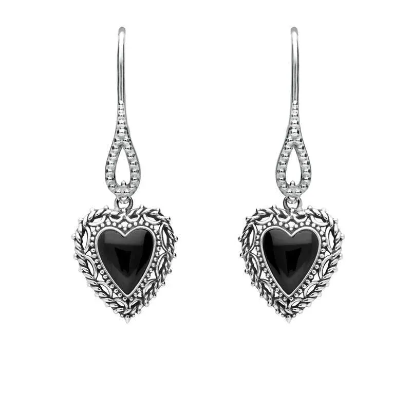 Sterling Silver Whitby Jet Heart Drop Earrings sold by Jura Watches