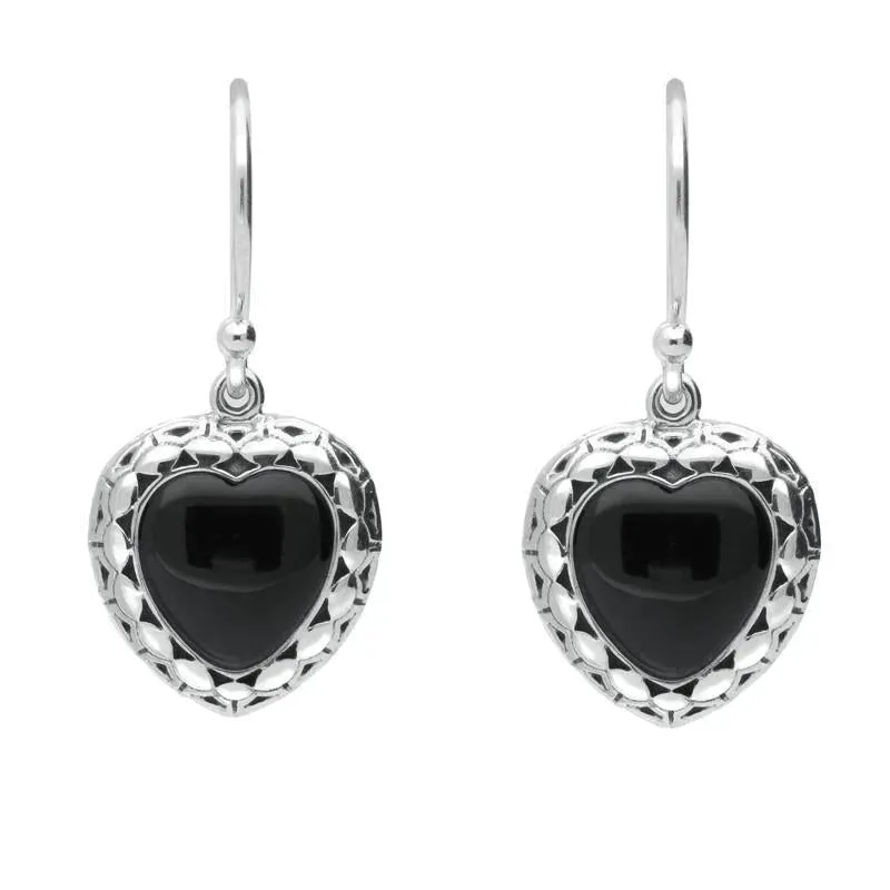Sterling Silver Whitby Jet Oxidised Heart Drop Earrings sold by Jura Watches