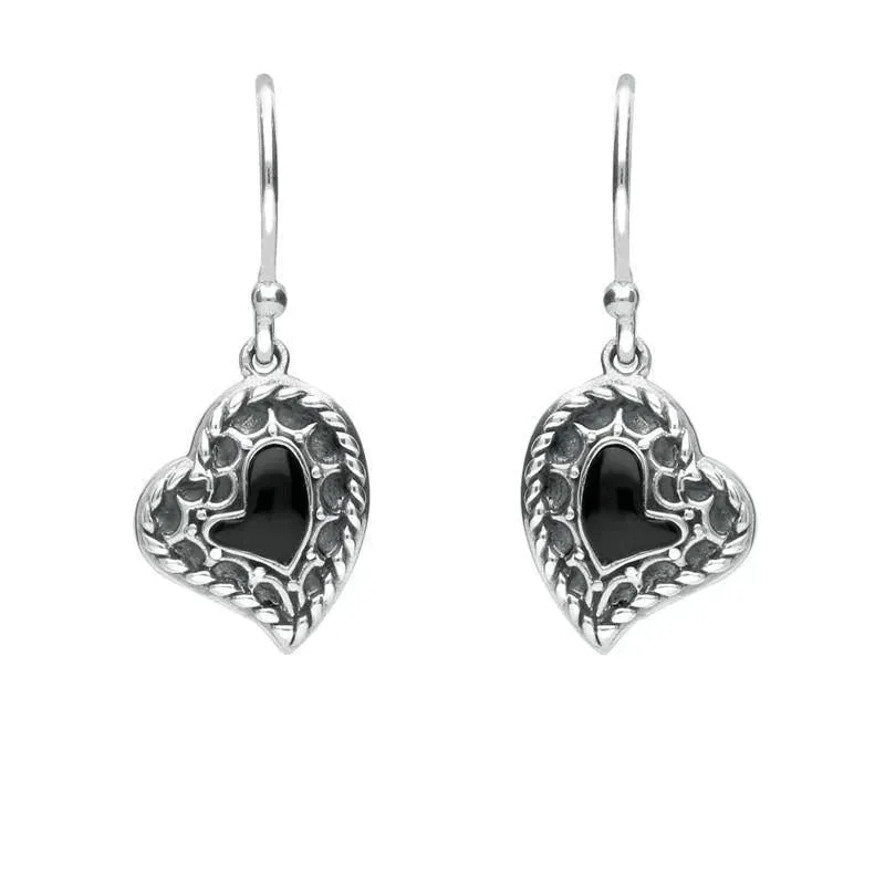 Sterling Silver Whitby Jet Oxidised Heart Drop Earrings sold by Jura Watches