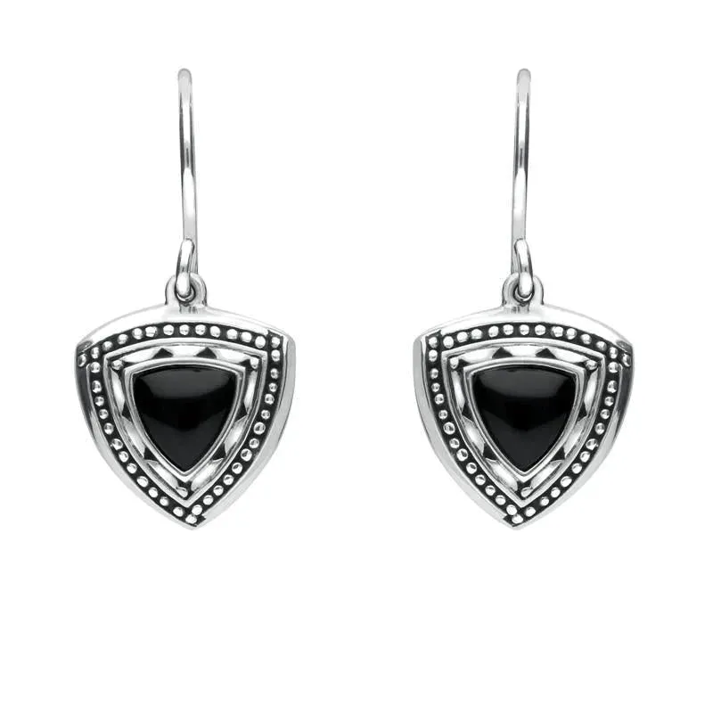 Sterling Silver Whitby Jet Oxidised Shield Drop Earrings sold by Jura Watches