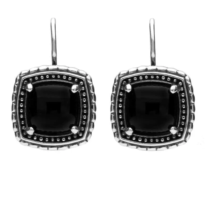 Sterling Silver Whitby Jet Oxidised Square Pattern Hook Drop Earrings sold by Jura Watches
