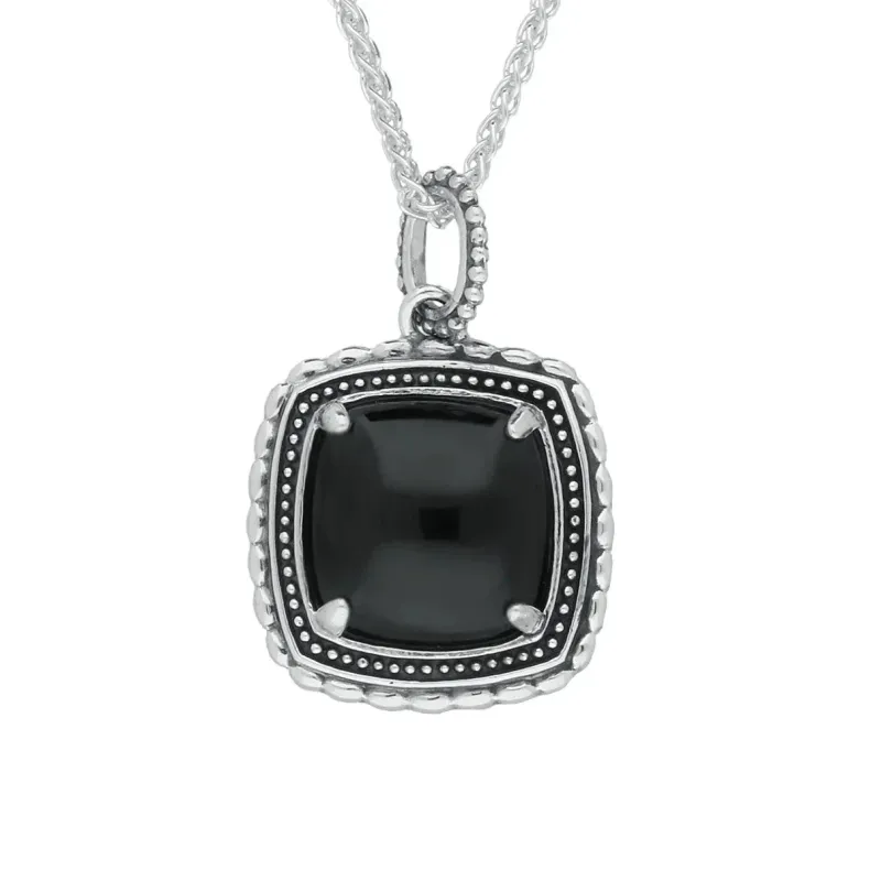 Sterling Silver Whitby Jet Oxidised Square Pattern Necklace sold by Jura Watches