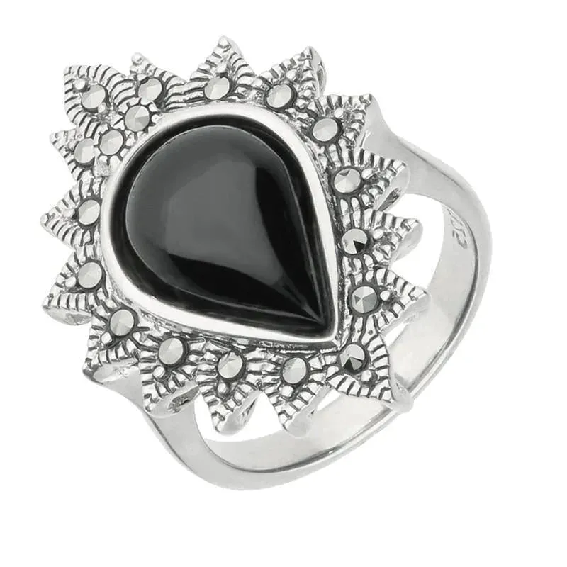Sterling Silver Whitby Jet Marcasite Pear Beaded Edge Ring sold by Jura Watches