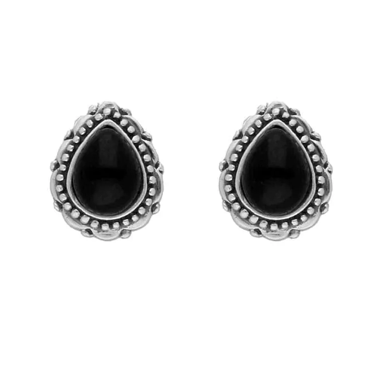 Sterling Silver Whitby Jet Pear Beaded Lace Edge Stud Earrings sold by Jura Watches