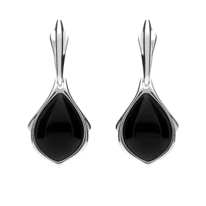 Sterling Silver Whitby Jet Pear Shape Open Back Drop Earrings sold by Jura Watches