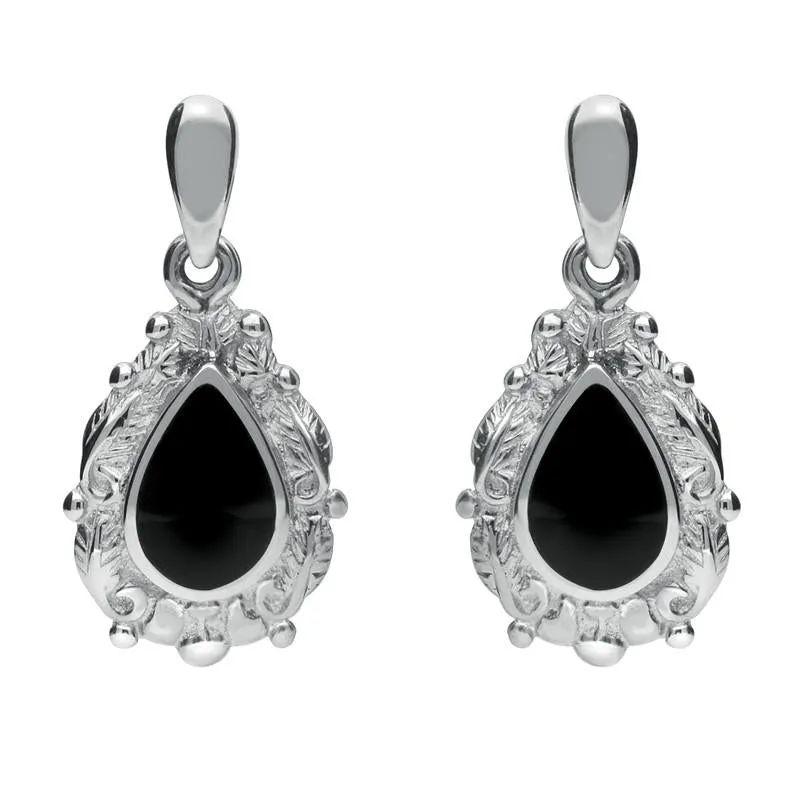 Sterling Silver Whitby Jet Pear Shaped Leaf Drop Earrings sold by Jura Watches